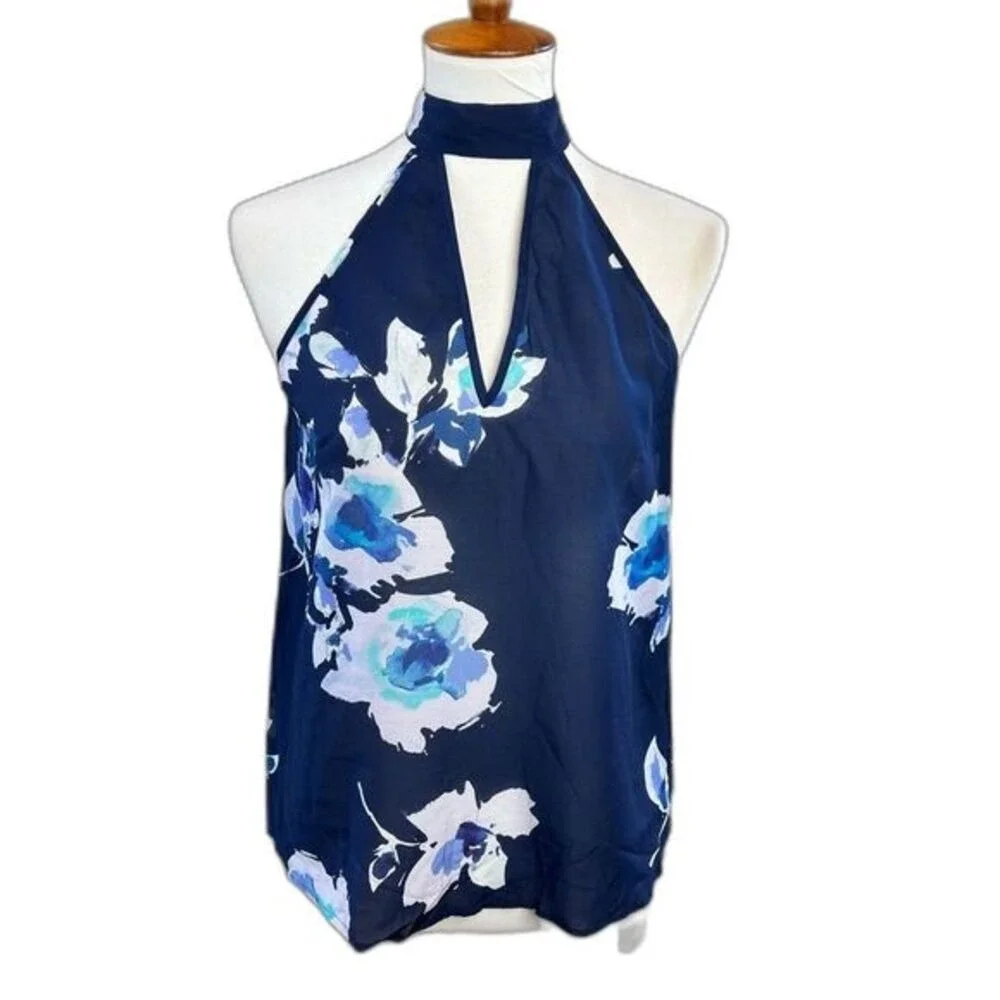 Yumi Kim Hollywood Top Navy Floral Halter Keyhole Neck XXS oversized fits medium